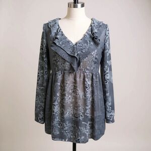 Jessica Simpson Babydoll Maternity Tunic Blouse Sheer Blue Gray Floral Ruffle XL